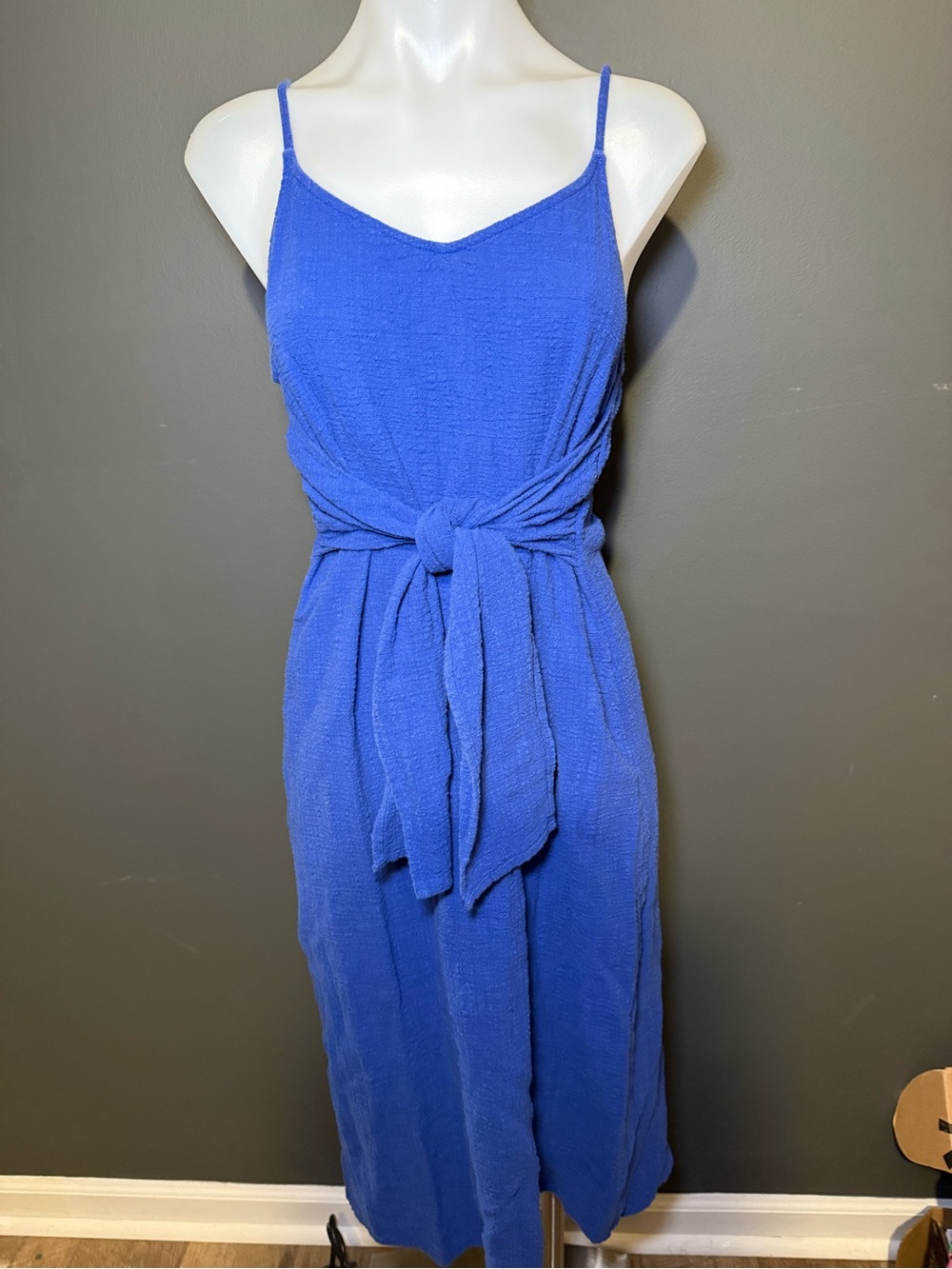 Kona Sol Cobalt Blue Spaghetti-Strap Tie-Front Midi Dress
